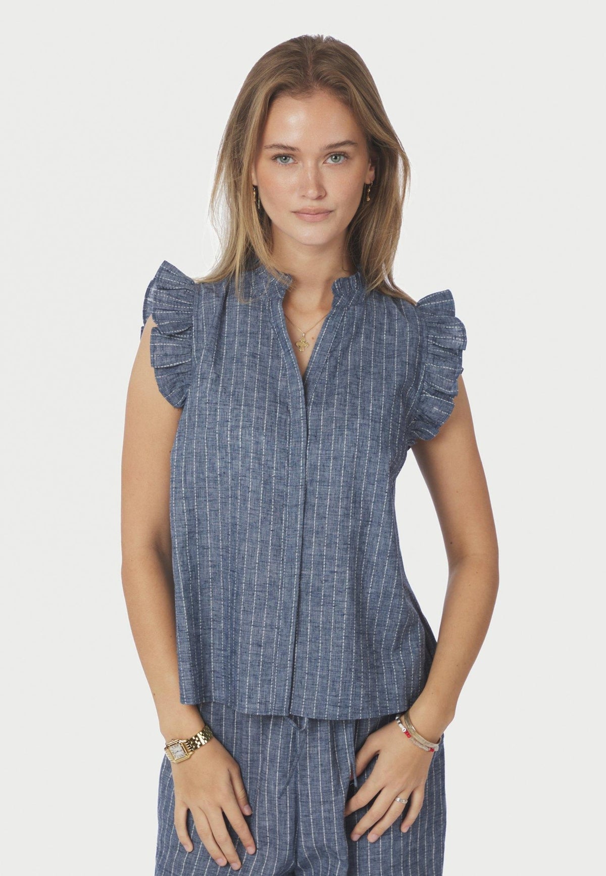 168373 Siona Emb Stripe Top_Blue_Model_1