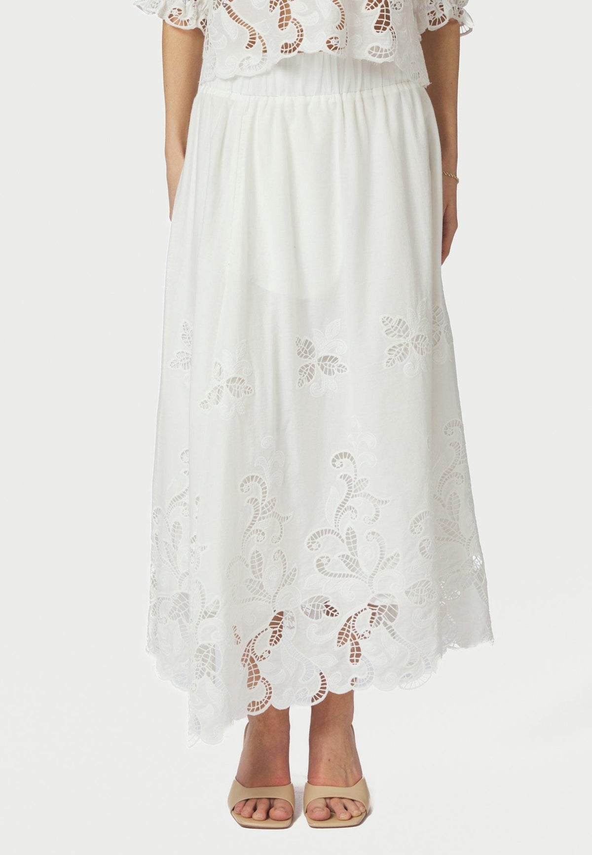 168438 Yara Long Emb Skirt_White_Model_2