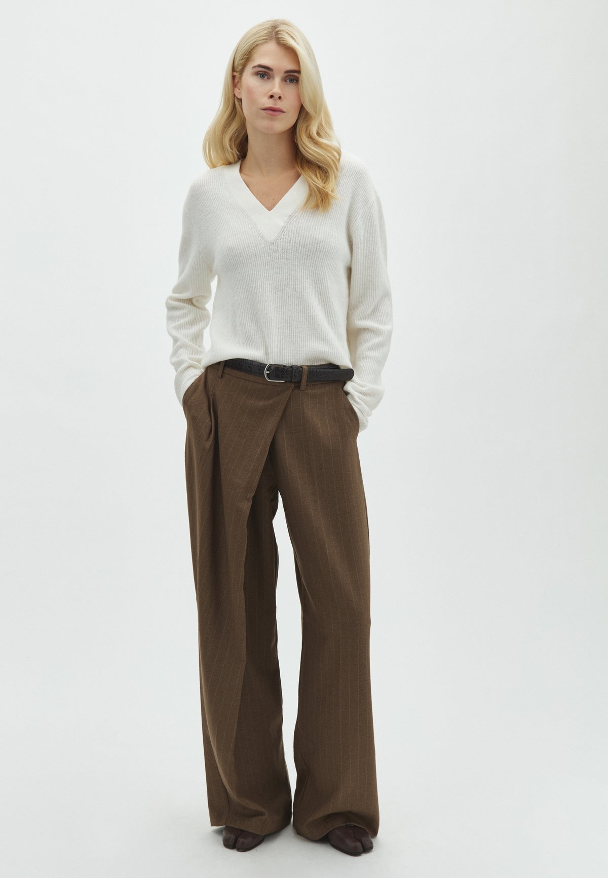 170535 Palina Pinstripe Wrap Pants_Taupe_Model_0