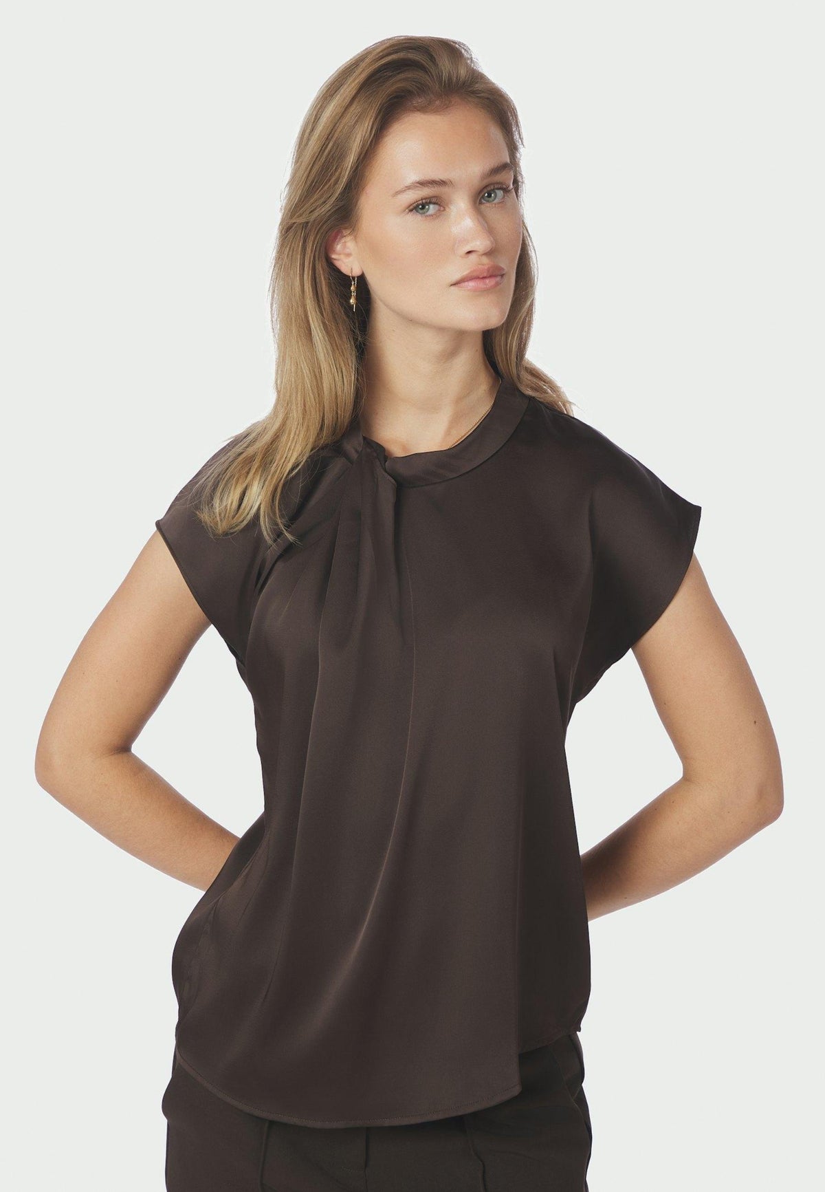 160990 Fleur Drapy Satin Blouse_Dark Brown_Model_1