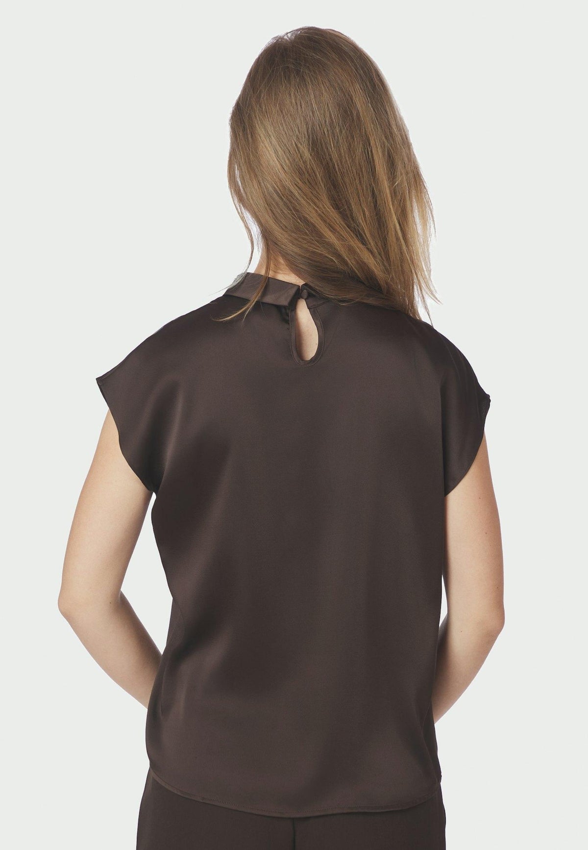 160990 Fleur Drapy Satin Blouse_Dark Brown_Model_3