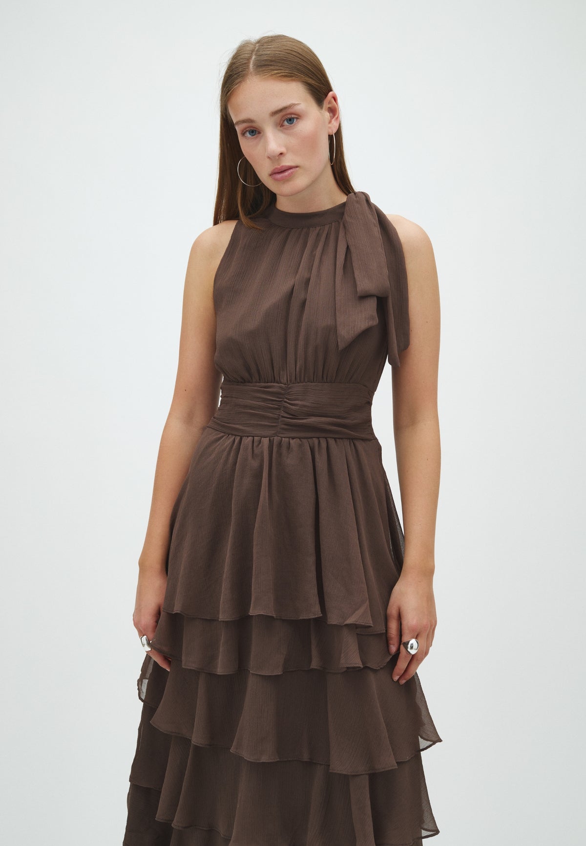 169167 Tarli Solid Chiffon Dress_Dusty Brown_Model_1