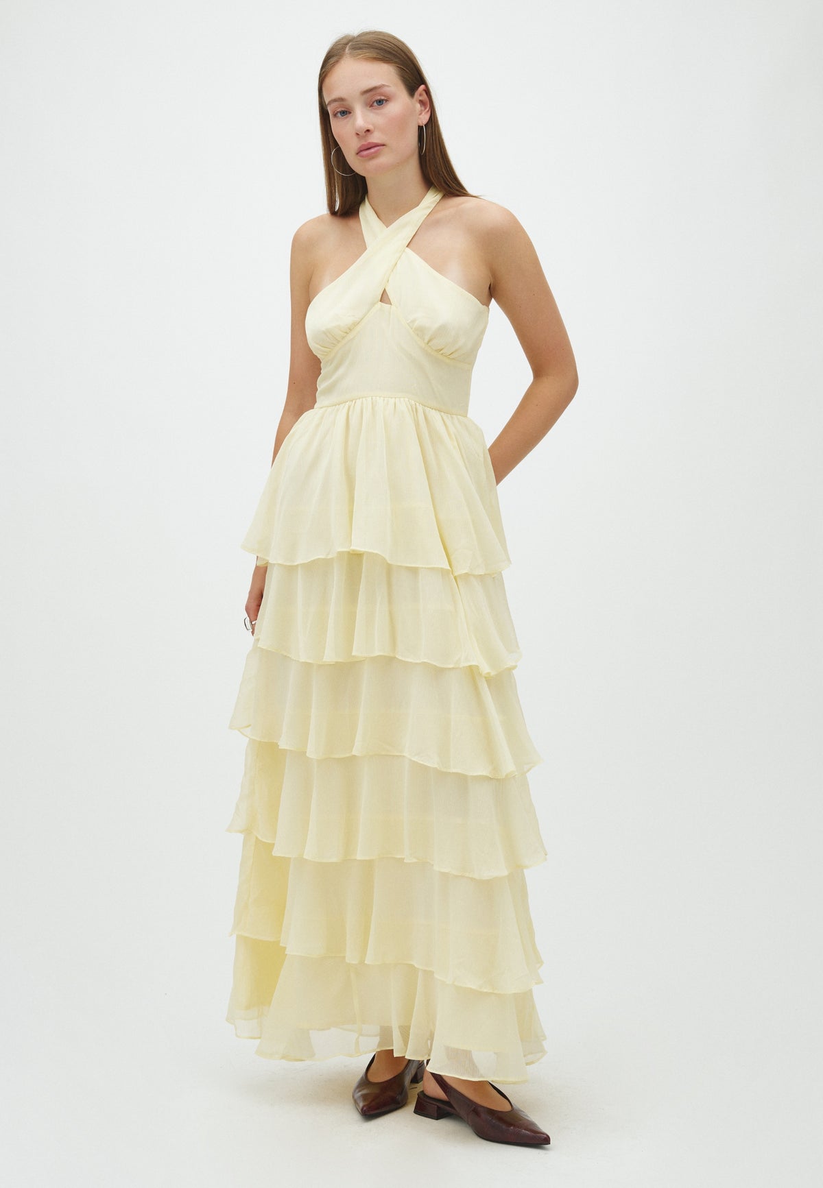 169163 Leoini Solid Chiffon Dress_Light Yellow_Model_0