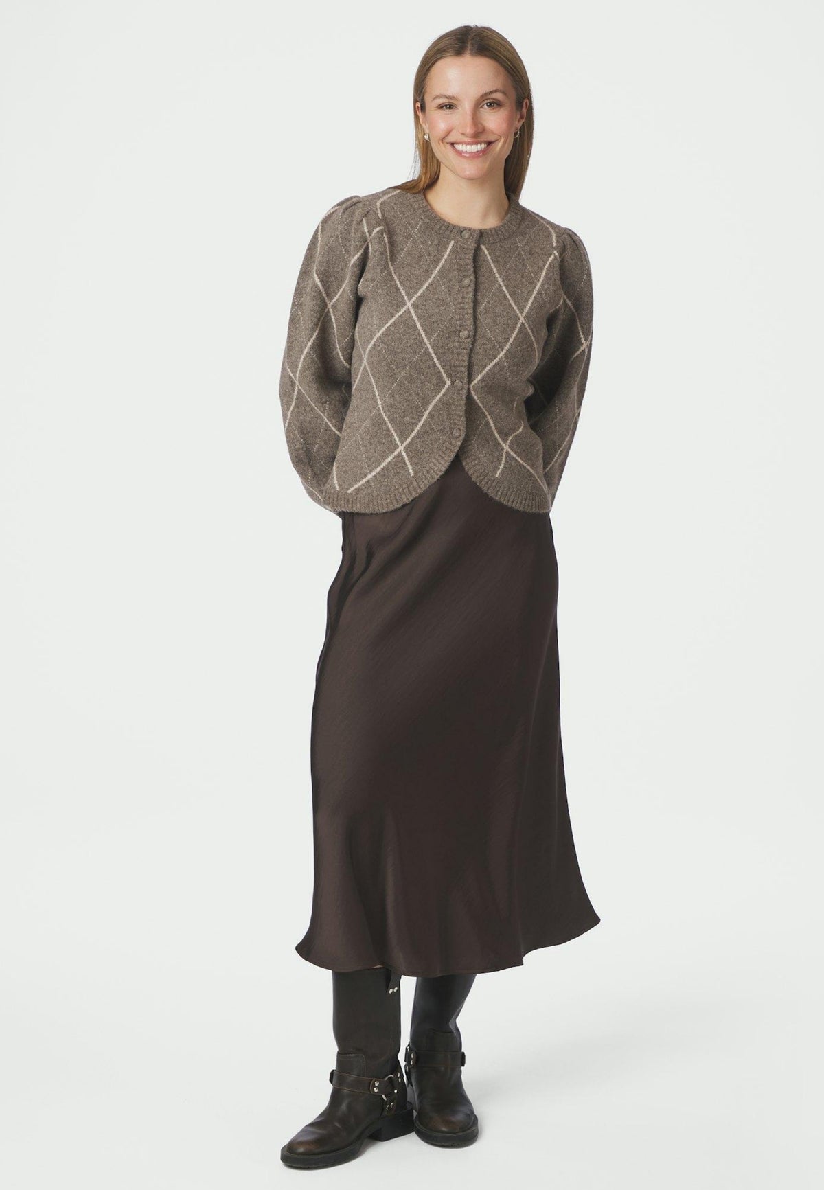 168893 Koteas Check Knit Cardigan_Taupe_Model_3